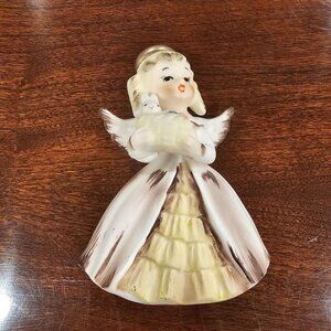 Vintage Ceramic Angel Figurine With Gold-tone Halo & Bunny